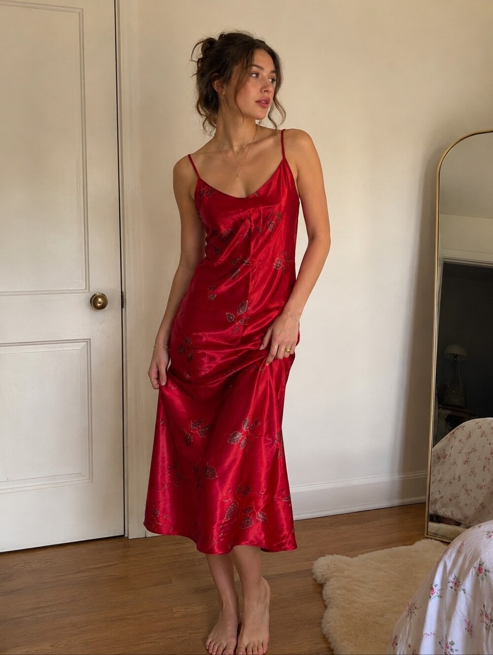 Vintage 90s Esprit Floral Satin Nightgown Size L Red Midi Lingerie Dress